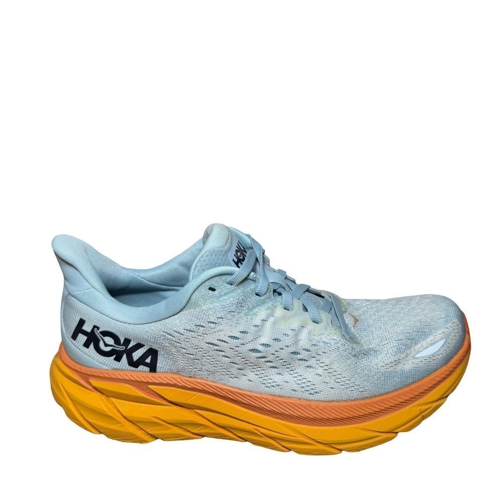 Hoka Men’s Clifton 8 Sky Blue and Tangerine Athletic Shoes size 8.5